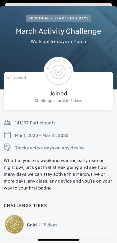 Screenshot of the challenges within the Peloton Mobile App